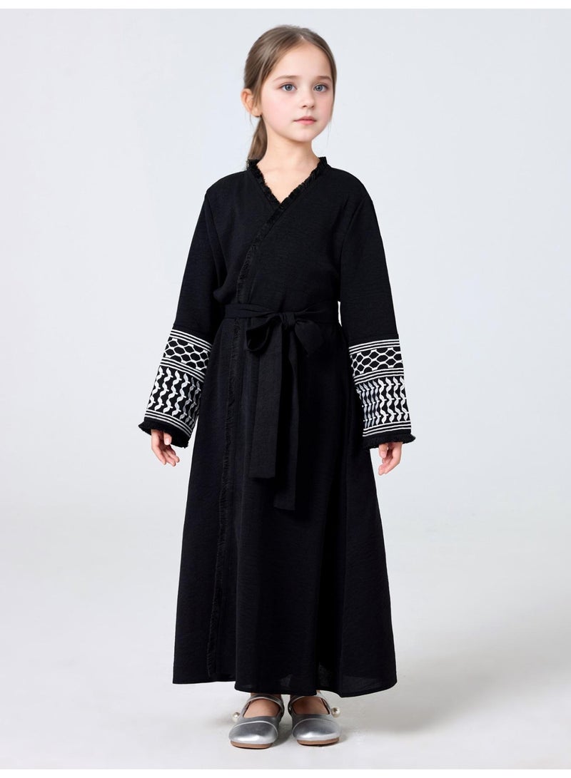 Middle Eastern girls abaya robe embroidered tassel jacket with belt - Image 2